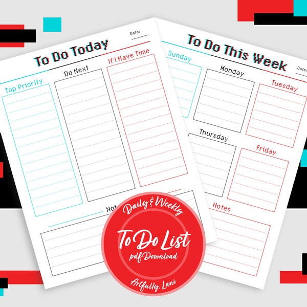 Printable To-Do List Stationery Set | Daily and Weekly | Techie Glitch Theme | Portrait Format | Downloadable PDF