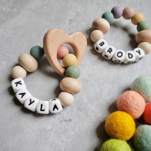 RAINBOW COLLECTION | Personalized Wood &Silicone Sensory Ring • Baby Rattle • Montessori Toy • Rainbow Baby Gift • Bespoke Baby • Beechmill