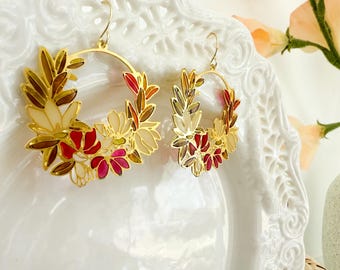 Resin Stained Glass Floral Wreath Earrings | Autumn Leaf Earrings | Gold Fall Jewelry | Botanical Hoop Earrings | Gift for Her | Boho Fall