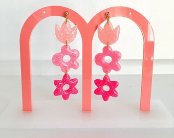 Ombre Pink Earrings | Hot Pink Glitter Earrings | Daisy Earrings | Pink Tulip Earrings | Colorful Statement Earrings | Polymer Clay Earrings
