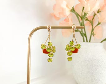 Botanical Earrings Leaf Jewelry Stained Glass Earring Succulent Gift for Plant Lovers Earrings 18k Gold Dangle Leaf Earring Shades of Green