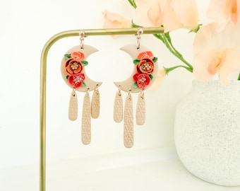 Polymer Clay Moon Earrings | Floral Crescent Earrings | Handmade Statement Earrings | Boho Flower Dangle Earrings | Terracotta Jewelry Gift