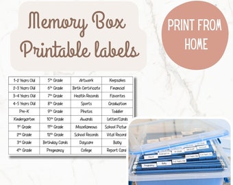 Printable Memory Box Filing System, Keepsake Box, Milestone Tote Labels, Kids DIY Tote, File Tabs for School Box, 40 File Tabs