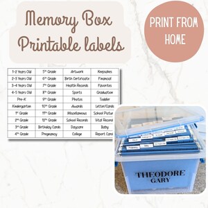 Printable Memory Box Filing System, Keepsake Box, Milestone Tote Labels, Kids DIY Tote, File Tabs for School Box, 40 File Tabs