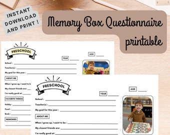 Memory Box Questionnaire l Printable Kids Interview Questions l PDF Digital Download l Children School Filing Box l Keepsake Tote