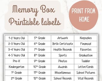 Printable Memory Box Filing System , Keepsake Box , Milestone Tote Labels , Kids DIY Tote Labels , File Tabs for School Box , 40 File Tabs