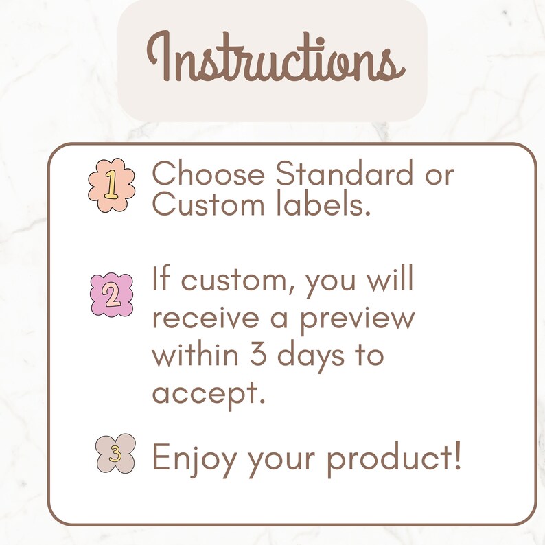 May include: A pink, yellow, and brown illustrated guide with three steps for ordering custom labels. Step 1: Choose Standard or Custom labels. Step 2: If custom, you will receive a preview within 3 days to accept. Step 3: Enjoy your product!