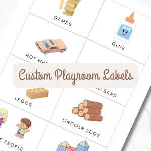May include: A set of printable labels for a playroom, featuring illustrations of toys and activities. The labels include "Games", "Glue", "Hot Wheels", "Legos", "Lincoln Logs", "Play Sand", and "People".