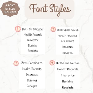 May include: A graphic showing four different font styles for use in birth certificates, health records, insurance documents, banking statements, and receipts. The text "4 Font Styles Included" is at the top of the graphic.