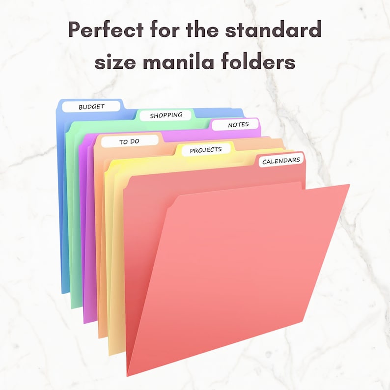 May include: A set of colorful file folders with labels for "Budget", "Shopping", "Notes", "To Do", "Projects", and "Calendars".