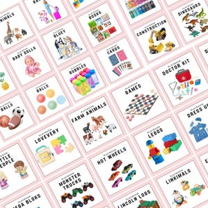 May include: A collage of images showcasing various playroom themes, including baby dolls, construction, dinosaurs, farm animals, hot wheels, monster trucks, and more. Each image features a pink background with the words "Playroom" and the theme name.