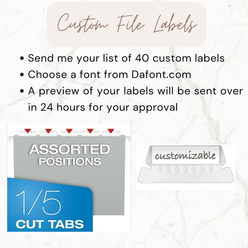 May include: Custom file labels with assorted positions and 1/5 cut tabs. The labels are customizable and can be ordered in sets of 40. Choose a font from Dafont.com.