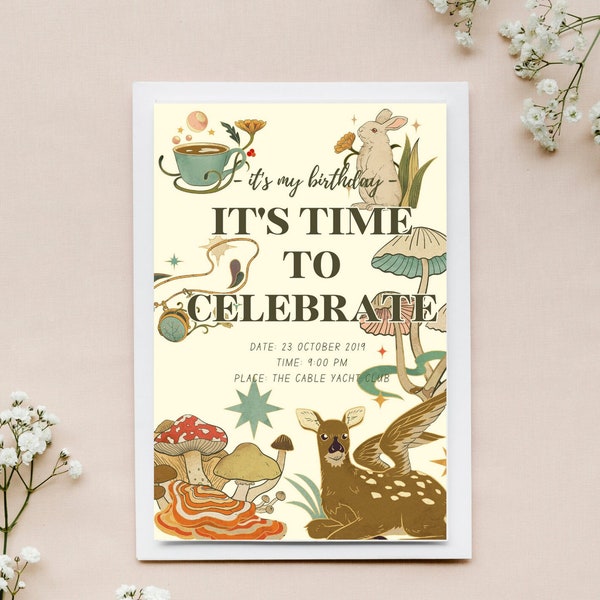 Birthday Party Digital Template Invite- Whimsical Aesthetic Mushrooms Birthday Forest Greens- Digital Download Printable