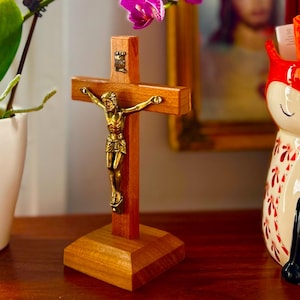 5&quot; Cherry Crucifix with Stand | Meditation Crucifix with Brass Corpus | For Private prayer or as Travel Crucifix