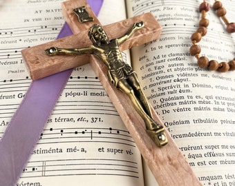 Birds-eye Maple Crucifix | 5 Inch Cross with Brass Corpus of Jesus Christ | Gift for sacraments, Baptism, First Communion, Confirmation