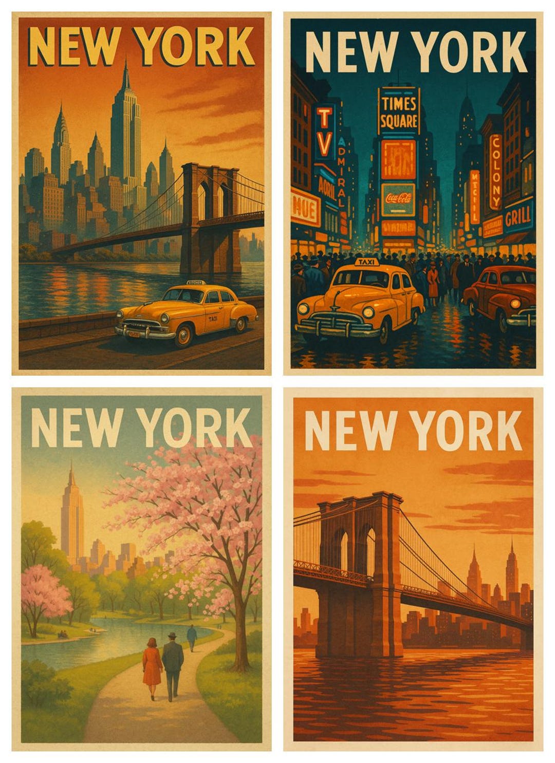 Vintage New York Poster Bundle – 5 Printable Retro City Scenes, 1950s ...