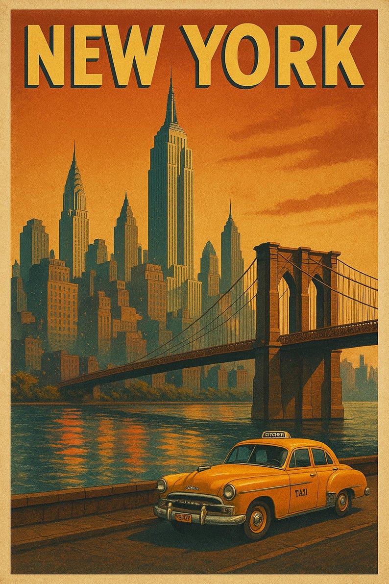 Vintage New York City Travel Poster - Printable Wall Art, Retro 1950s ...
