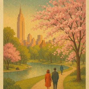 affiche vintage de Central Park - Scène printanière de fleurs de cerisier, art mural imprimable NYC des années 1950
