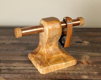Flowing Grain Watch Stand: Power-Carved Wood & Copper Display