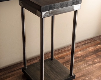 Industrial Poplar & Steel Plant Stand – Tall Modern Pedestal for Plants, Speakers, or Sculptures
