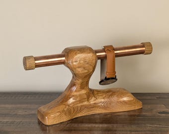 Sculpted Oak & Copper Watch Stand: Organic Modern Timepiece Display