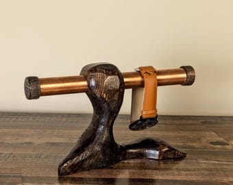 Shadow Oak Watch Cradle: Hand-Carved Copper & Wood Display