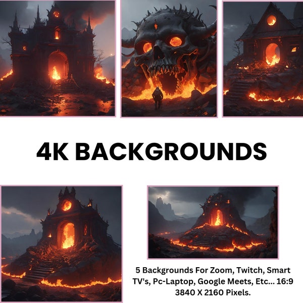 4k Backgrounds, Five 4K Visions Of Hell Zoom Backgrounds, Twitch Overlay, PC Background, Laptop Background, Smart TV Background.