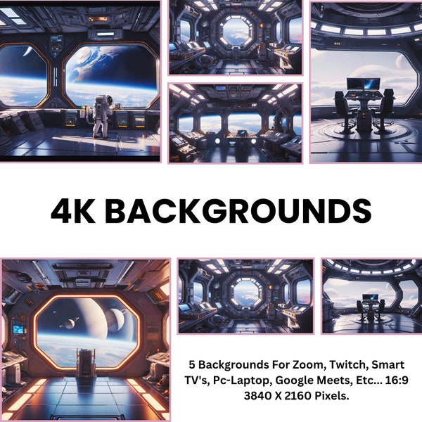 4k Backgrounds, Five 4K Space Station Zoom Backgrounds, Twitch Overlay, PC Background, Laptop Background, Smart TV Background.