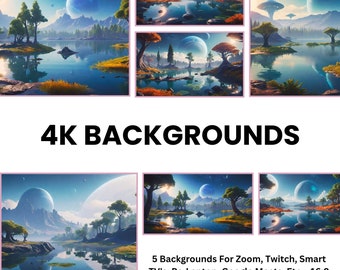 4k Backgrounds, Five 4K Alien World Zoom Backgrounds, Twitch Overlay, PC Background, Laptop Background, Smart TV Background.