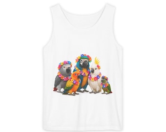 Camiseta sin mangas con estampado de loros tropicales / Collar floral de pájaros coloridos