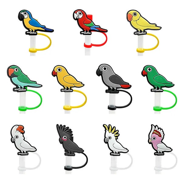 Colorful Parrot & Cockatoo Reusable Straw Covers, Silicone, 11pc Bundle, fits 8mm straws