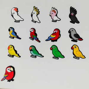 May include: A set of 14 colorful rubber parrot figurines. The parrots are in various poses and colors, including red, blue, green, yellow, and black.
