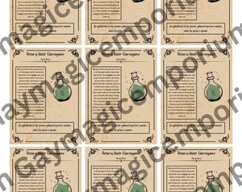 May include: Nine identical potion recipe cards. Each card features a green potion in a glass bottle with a cork, set against a parchment-style background. The text reads "Potion of Water Clairvoyance".