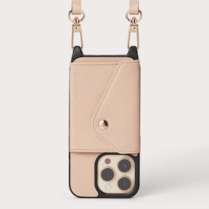 Ultra-Durable Pebbled Cream Genuine Leather iPhone Case Crossbody Purse w/ Expanded Card Wallet Pocket and Adjustable Shoulder Strap