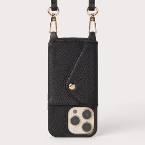 Ultra-Durable Pebbled Black Genuine Leather iPhone Case Crossbody Purse w/ Expanded Wallet Card Pocket