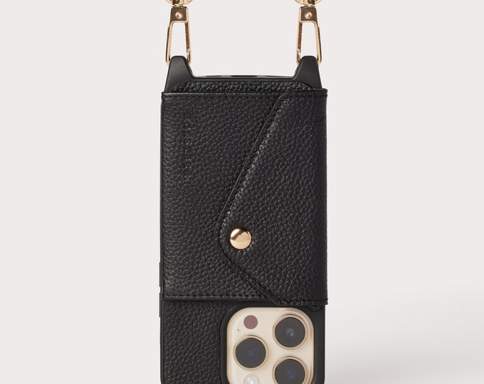 Genuine Pebbled Black Leather iPhone Crossbody Case with Wallet Card Sleeve and Adjustable Shoulder Strap - New iPhone 17, Air, Pro, Pro Max