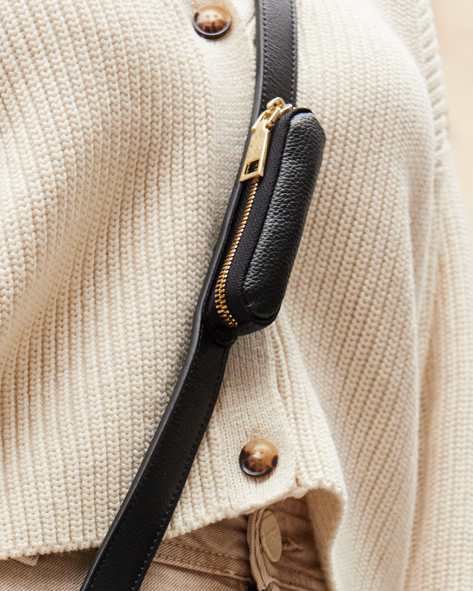 Genuine Leather Thick Durable Utility Strap with Zipper Lipstick Pouch and Length-Adjustable Buckle - Available in Cream & Black