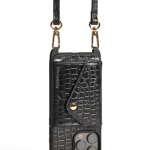 Étui à bandoulière en cuir de crocodile noir véritable ultra-résistant pour iPhone avec poche pour cartes portefeuille - Dernier iPhone Série 16