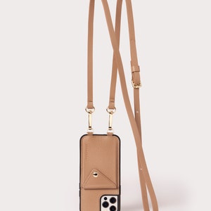 Funda para iPhone de piel auténtica con diseño de guijarros en color topo, tipo cartera tipo bandolera con correa ajustable para el hombro: perfecta para viajes, conciertos, madres