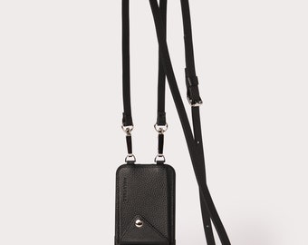 Genuine Leather Pebbled Black iPhone Case Crossbody Wallet Purse with Card Pocket and Adjustable Shoulder Strap for Easy iPhone Carrying