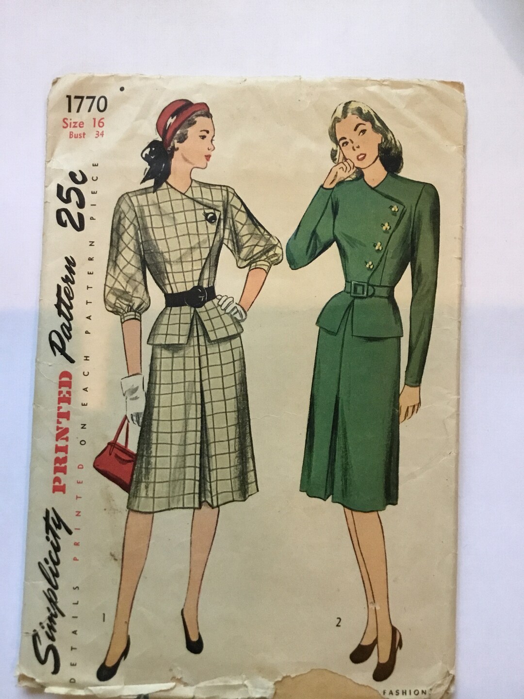 1946 Simplicity Twopiece Dress Pattern 1770 Size 16 Bust Etsy