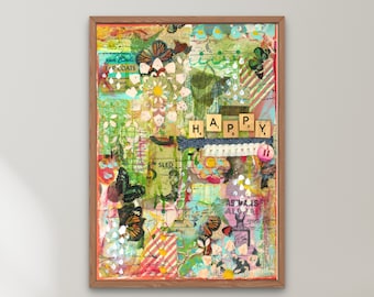 Happy Print, Mixed Media Art Print, Inspirationskunst, Motivationsdruck