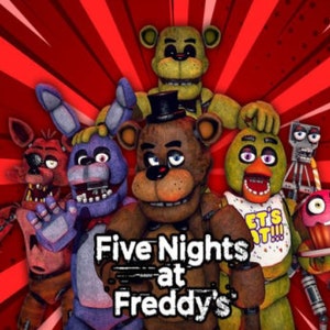 Peut inclure: Les personnages de Five Nights at Freddy's, dont Freddy Fazbear, Bonnie le Lapin, Chica la Poule, Foxy le Renard Pirate et Golden Freddy, sont repr&eacute;sent&eacute;s sur un fond rouge et blanc de style bande dessin&eacute;e. Le texte "Five Nights at Freddy's" est affich&eacute; au centre de l'image.