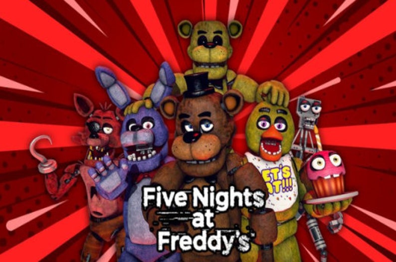 Peut inclure: Les personnages de Five Nights at Freddy's, dont Freddy Fazbear, Bonnie le Lapin, Chica la Poule, Foxy le Renard Pirate et Golden Freddy, sont repr&eacute;sent&eacute;s sur un fond rouge et blanc de style bande dessin&eacute;e. Le texte "Five Nights at Freddy's" est affich&eacute; au centre de l'image.