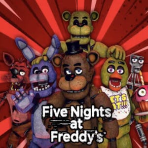 Peut inclure: Les personnages de Five Nights at Freddy's, dont Freddy Fazbear, Bonnie le Lapin, Chica la Poule, Foxy le Renard Pirate et Golden Freddy, sont repr&eacute;sent&eacute;s dans un style cartoon color&eacute; sur un fond rouge et blanc.