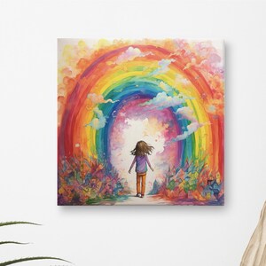 Lienzo de arte de la habitación de las niñas: niña y arco iris, imaginación, inspiración, acuarela, lápiz, póster para la habitación de las niñas, arte de la habitación de las niñas, arco iris