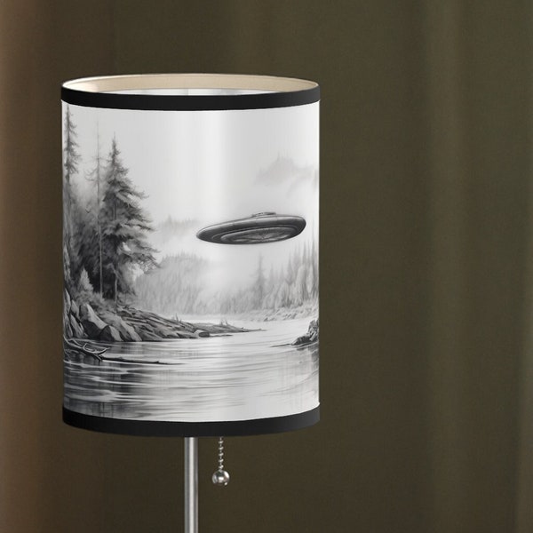 Strange Glow - UFO flying saucer table lamp, charcoal drawing of a UFO flying over a river, UFO art, unique lamp, bedside lamp, accent lamp