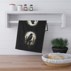 Black Raven Dark Academia Kitchen Towel, Night&#39;s Sentinel, Gothic raven towel gothic raven kitchen towel raven towel dark art goth towel