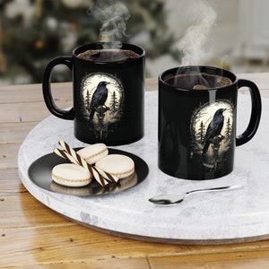 Night&#39;s Sentinel 11oz Black Coffee Mug - Original art on a mug, black raven mug, gothic mug, raven mug, dark academic mug, raven gift, Odin