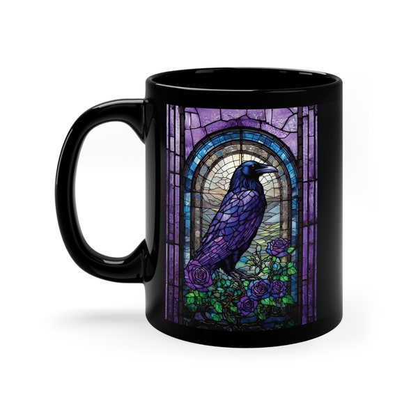 Black Coffee Mug with Purple Blue Raven and Roses in Stained Glass - Raven Mug Gothic Raven Dark Academia Mug Ravencore Goth Coffee Mug